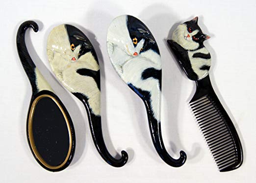 Handpainted Black White Cat Hair Brush Mirror Comb Set (Set of 3)