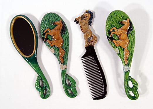 Handpainted Black Mane Horse Hair Brush Mirror Comb Set (Set of 3)