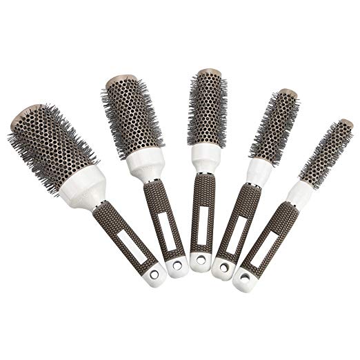 Round Barrel Hair Brush Nylon Bristles,Fast Blow Dry Professional Salon Styling Tool Hairbrush For Women Men Detangling Curly Wavy Straight Hair Volume,Detangler Styling Brush (5-piece set, Gray)
