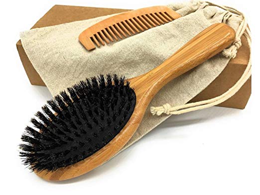 THREEOFLIFE Boar Bristle Hair Brush Set for Women and Men Natural Bamboo Wooden Paddle Hair Brush for All Hair Texture Hairbrush for Straightening Smoothing Detangling (Boar Bristle Hair Brush)