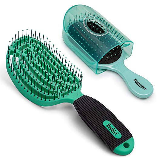 NuWay 4Hair! DoubleC and FREE Traveler Hair Brush Set! Patented Detangling Hair Brushes! Argan Oil Infused Bristle Tips Glide Thru Wet Dry Curly or Thick Hair - Ionic, Reduced Static, Blow Dry (Green)