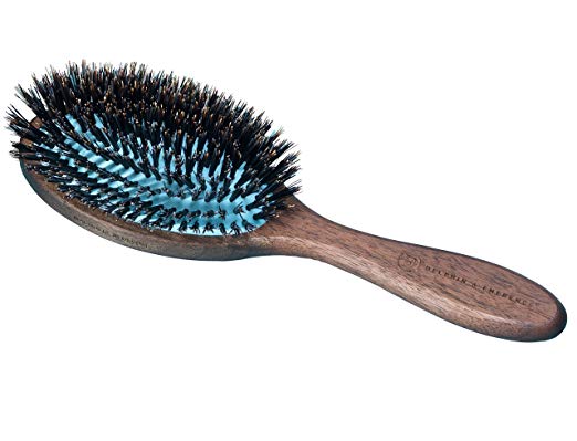 Natural Bristle Hair Brush for Dense Curls, Afro and Thick Hair Types - Strong Care Bristle Brush with with Handcrafted Walnut Wood Handle, Magnolia Blossom Hair Brush, by Delphin & Emerence.